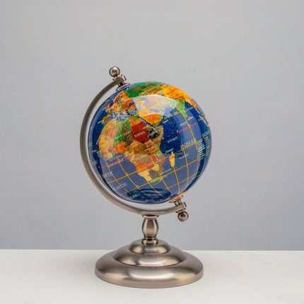 Gemstone Globe with Lapis Ocean on Antique Silver Stand - 7.25"