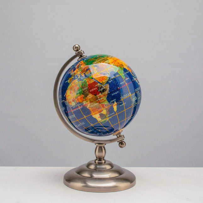 Gemstone Globe with Lapis Ocean on Antique Silver Stand - 7.25"
