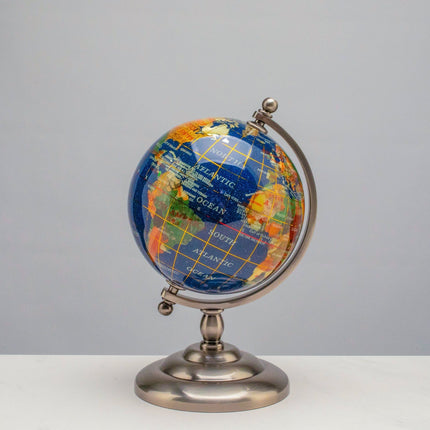 Gemstone Globe with Lapis Ocean on Antique Silver Stand - 7.25"