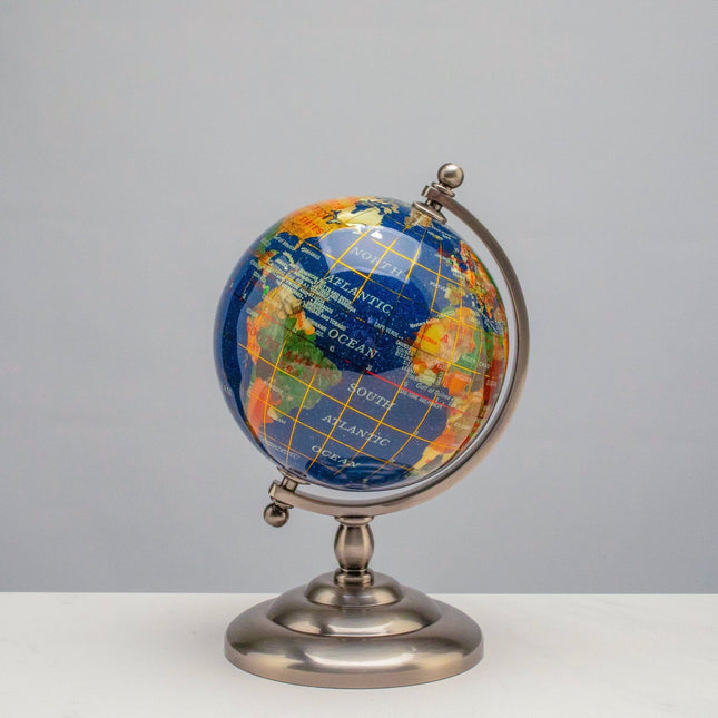 Gemstone Globe with Lapis Ocean on Antique Silver Stand - 7.25"