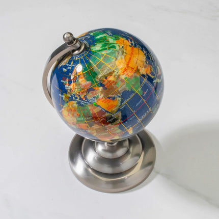Gemstone Globe with Lapis Ocean on Antique Silver Stand - 7.25"