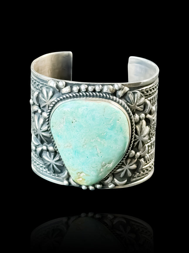 Sterling Navajo Indian Bone Cutter Cuff Bracelet With Cripple Creek Turquoise