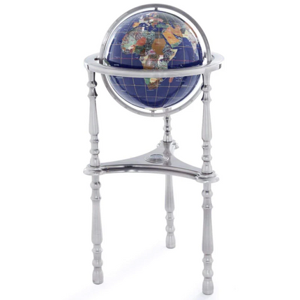 37" Gemstone Globe with Lapis Ocean on Antique Silver Stand decor