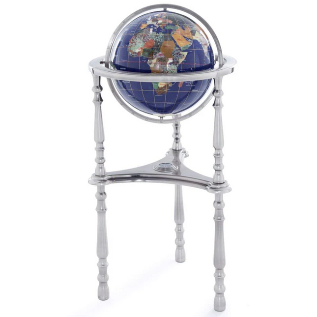 37" Gemstone Globe with Lapis Ocean on Antique Silver Stand decor