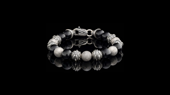 Polished Black Onyx with Meteorite and Silver Embellished Beads