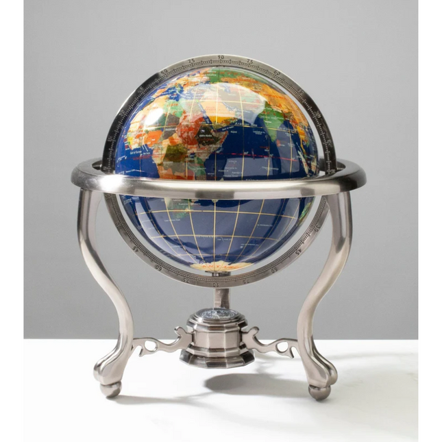 14” Tall Gemstone Globe with 9” Lapis Ocean on Antique Silver Stand