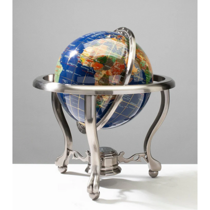 14” Tall Gemstone Globe with 9” Lapis Ocean on Antique Silver Stand